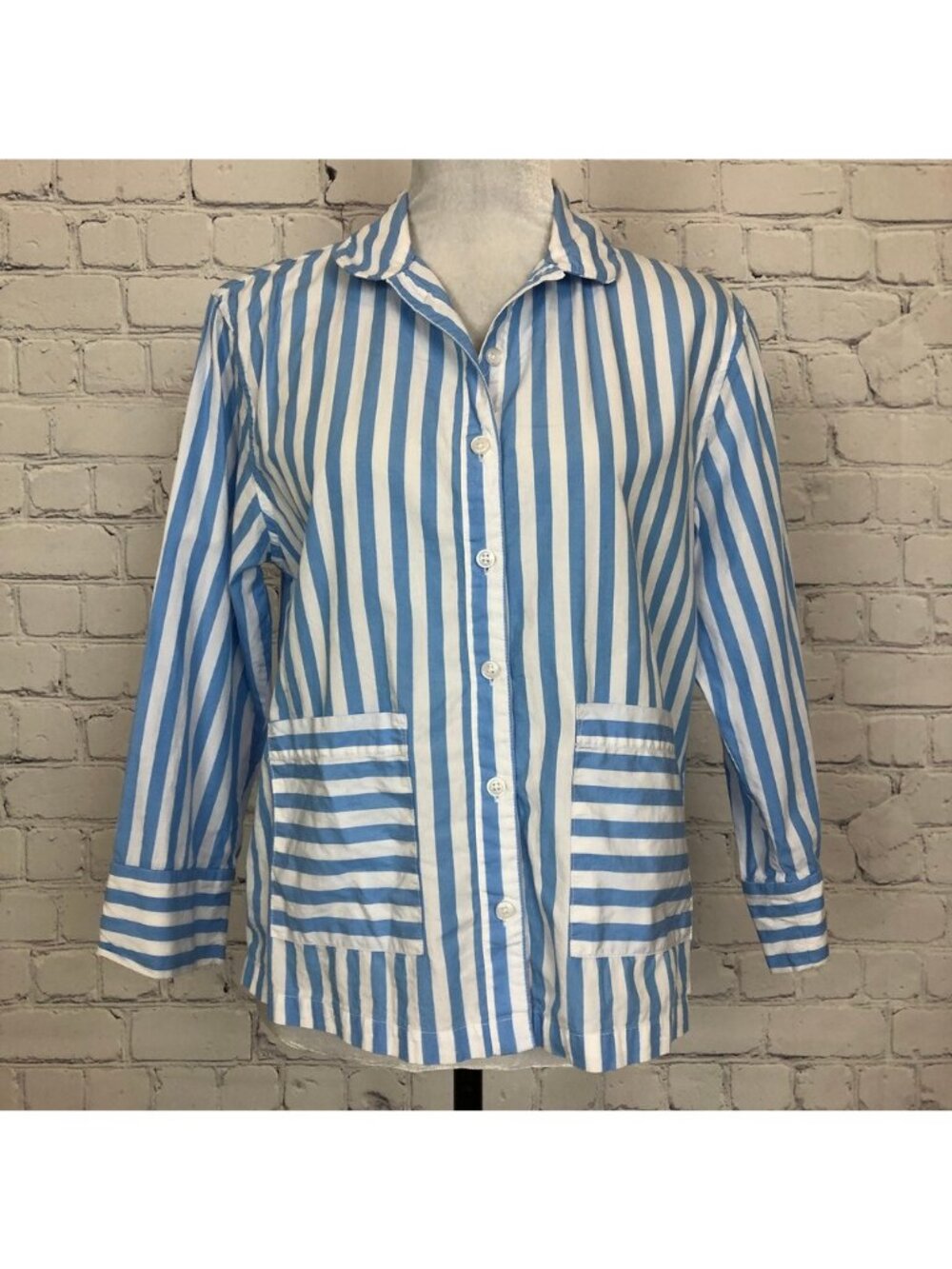 Lake Buttondown Pajama Top Size S Blue White Bold Stripe